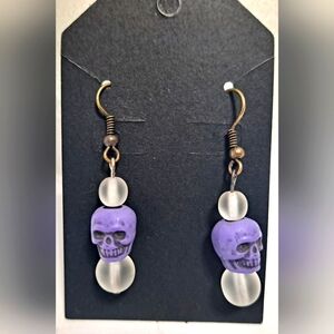 Purple Skull Dangle Earrings with Frosted Beads Handcrafted Halloween Party
